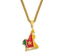 MTCDBD Kamerun Karte Halskette Ethnische Dekoration, Kamerun Karte Anhänger Mit Flagge Ethnische Kleidung Accessoires Elegante Schlüsselbeinkette, Patriotisches Anhänger Geschenk,Gold,45Cm Kette