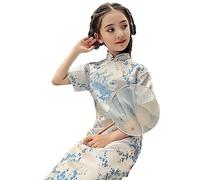 MTCDBD Kinder-Cheongsam/70-150 cm Stehkragen, Satin-Schlitzdruck/Sommer Bequem Und Weich, Chinesischer Kinder-Cheongsam, Blumen-Cheongsam, Hanfu-Geburtstagsfeier-Abendkleid, Blau, 70 cm