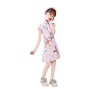 MTCDBD Kinder-Cheongsam/90-160 cm Kurzärmeliger Stehkragen Bedruckter Schlitzrock/Traditionelles Chinesisches Sommer-Cheongsam-Mädchenkleid, Prinzessinnenkleid, Geschenk Für Tochter, Pink, 100 cm