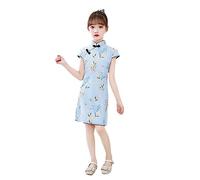 MTCDBD Kinder-Cheongsam/90-160 cm Kurzärmeliger Stehkragen Bedruckter Schlitzrock/Traditionelles Chinesisches Sommer-Cheongsam-Mädchenkleid, Prinzessinnenkleid, Geschenk Für Tochter, Blau, 140 cm