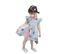 MTCDBD Kinder-Cheongsam/Fliegender Ärmel, Retro-Anhänger, Anhänger-Druck/Süße Mode, Sommer, Chinesischer Stil, Traditionelles Cheongsam-Kleid, Chinesisches Hanfu-Kleid Für Kinder, Himmelblau, 80 cm
