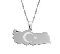 MTCDBD Türkei-Karten-Halskette Für Unisex-Schmuck, Türken-Karten-Anhänger Mit Flagge, Party-Kleid-Accessoires, Ethnischer Stil, Afrika-Charme-Symbol-Halsketten-Geschenk, Silber, 45 cm Kette