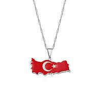 MTCDBD Türkei-Karten-Halskette Für Unisex-Schmuck, Türkiye-Karten-Anhänger Mit Flagge, Partykleid-Accessoires, Ethno-Stil, Patriotisches Symbol, Halskette, Geschenk, Silber, 45 cm Kette