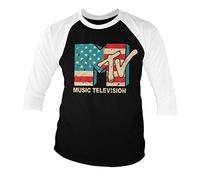 MTV Offizielles Lizenzprodukt Distressed USA-Flag Baseball 3/4 Ärmel T-Shirt (Weiß-Schwarz), L