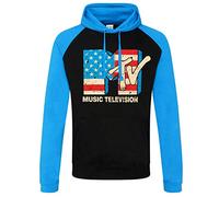 MTV Offizielles Lizenzprodukt Distressed USA-Flag Baseball Kapuzenpullover (Schwarz - Blau), L