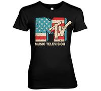MTV Offizielles Lizenzprodukt Distressed USA-Flag Damen T-Shirt (Schwarz), L