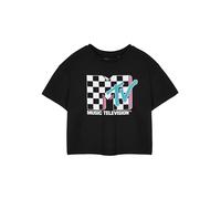 MTV Schachbrett Logo Damen Schwarz Cropped T-Shirt | Kurzarm Grafik T-Shirt | Retro Logo Top | Musikfernsehen Bekleidung | Schwarzes T-Shirt im Vintage-Stil für Frauen
