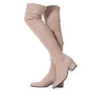 Mtzyoa Oberschenkelhoher Blockabsatz, Damenstiefel, spitzer Zehenbereich, Stretch, Overknee-Stiefel, Beige/5,1 cm Absatz, 38.5 EU