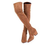 Mtzyoa Oberschenkelhoher Blockabsatz, Damenstiefel, spitzer Zehenbereich, Stretch, Overknee-Stiefel, Braun/7,6 cm Absatz, 40 EU