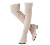 Mtzyoa Oberschenkelhoher Blockabsatz, Damenstiefel, spitzer Zehenbereich, Stretch, Overknee-Stiefel, Cremefarben/flach, 39 EU, Mtz-7-10-BA