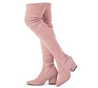 Mtzyoa Oberschenkelhoher Blockabsatz, Damenstiefel, spitzer Zehenbereich, Stretch, Overknee-Stiefel, Pink/7,6 cm Absatz, 39 EU