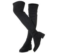 Mtzyoa Oberschenkelhoher Blockabsatz, Damenstiefel, spitzer Zehenbereich, Stretch, Overknee-Stiefel, Schwarz/Flach, 38 EU