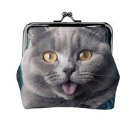 Münzgeldbörse aus Leder für Damen mit Kussverschluss, blaue Katze, herausstehende Zunge, Clutch, Mini-Geldbörse
