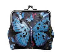 Münzgeldbörse aus Leder für Damen mit Kussverschluss, blauer Schmetterling, Clutch, Mini-Geldbörse