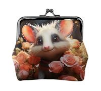 Münzgeldbörse mit Kussschloss, Mini-Münztasche, Cartoon-Opossum und Rosen, Ledergeldbörsen für Damen, Clutch, Wechselgeldbörse
