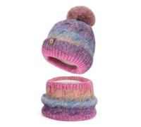 Mütze Damen Unisex Mütze Schal Set Wintermütze Warme Bommelmütze Farbverlauf Dehnbare Strickmütze für Winter Outdoor Geschenk One Size Purple