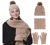 Mütze, Schal & Handschuh-Sets Für Damen 3 In 1, Stricmütze Mit Bommel Damen, Flauschige Und Warme Touchscreen Handschuhe, Strickschal Strickhandschuhe Beanie Wintermütze Wärmer Pudelmütze (Khaki)