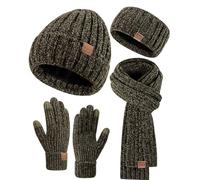 Mütze, Schal, Handschuhe und Stirnband für Damen, Wintermützen aus Chenille mit Fleece gefüttert, Ohrwärmer, Strickschal, Touchscreen-Handschuhe, 4er-Set Geschenke, Militär, One size