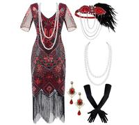 Mukum Damen Flapper Kleid 1920er Vintage Fransen Pailletten Kleid Great Gatsby 1920er Jahre Kleider Set für Frauen Weihnachten Party, Rot/Ausflug, einfarbig (Getaway Solids), XL