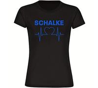 multifanshop Damen T-Shirt - Schalke - Herzschlag - Druck blau - Frauen Größe L schwarz