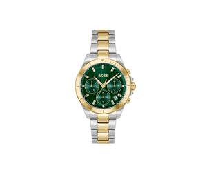Multifunktionsuhr BOSS "ALLEY", silberfarben, grün, Armbanduhren, Damen, Quarzuhr, Armbanduhr, Damenuhr, Edelstahlarmband, analog, Tag (69031369-0) silberfarben, grün