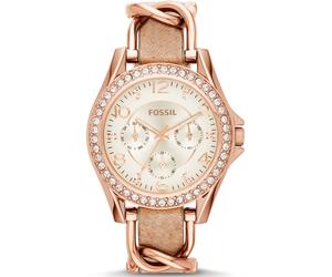 Multifunktionsuhr FOSSIL "RILEY", rosa (beige, roségoldfarben), Armbanduhren, Damen, Quarzuhr, Armbanduhr, Damenuhr, Datum, Glassteine, Lederarmband (17457868-0) beige, roségoldfarben