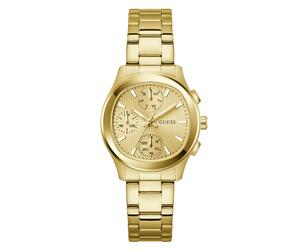 Multifunktionsuhr GUESS "BIRDIE", goldfarben, Armbanduhren, Damen, Quarzuhr, Armbanduhr, Damenuhr, Edelstahlarmband, analog, Wochentag (71828750-0) goldfarben
