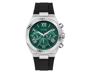 Multifunktionsuhr GUESS "EQUITY", schwarz (schwarz, grün), Armbanduhren, Herren, Quarzuhr, Armbanduhr, Herrenuhr, Silikonarmband, analog, Wochentag (27834543-0) schwarz, grün