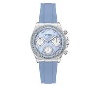 Multifunktionsuhr GUESS "VICTORIA", blau, silberfarben, Armbanduhren, Damen, Quarzuhr, Armbanduhr, Damenuhr, Silikonarmband, analog, Wochentag, Tag (57279602-0) blau, silberfarben