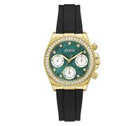 Multifunktionsuhr GUESS "VICTORIA", schwarz, goldfarben, Armbanduhren, Damen, Quarzuhr, Armbanduhr, Damenuhr, Silikonarmband, analog, Wochentag, Tag (36388304-0) schwarz, goldfarben