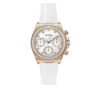 Multifunktionsuhr GUESS "VICTORIA", weiß, roségoldfarben, Armbanduhren, Damen, Quarzuhr, Armbanduhr, Damenuhr, Silikonarmband, analog, Wochentag, Tag (23647907-0) weiß, roségoldfarben