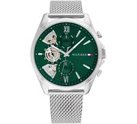 Multifunktionsuhr TOMMY HILFIGER "BAKER", silber (silberfarben, dunkelgrün), Armbanduhren, Damen, Quarzuhr, Armbanduhr, Herrenuhr, Edelstahlarmband, analog, Tag (87922358-0) silberfarben, dunkelgrün