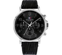 Multifunktionsuhr TOMMY HILFIGER "DANIEL", schwarz (schwarz, silberfarben), Armbanduhren, Damen, Quarzuhr, Armbanduhr, Herrenuhr, Datum, Lederarmband (39433339-0) schwarz, silberfarben