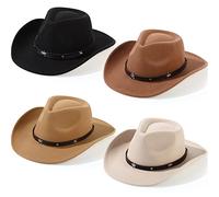 Mumufy 4 Stück klassischer Western-Cowboyhut für Herren, Filz, breite Krempe, Cowgirl-Hüte, Damen, Gürtelschnalle, Panama-Hut für Erwachsene und Kinder, Schwarz, Camel, Khaki, Beige, Einheitsgre
