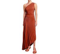 Mumuj Mädchen V Ausschnitt Umstandskleid Damskie Einfarbiges Damen-Kleid mit One-Shoulder-Ausschnitt und plissiertem, hohlem, schmalem, langem Kleid Women Festliches Sundress Damen Kurz (Brown, L)
