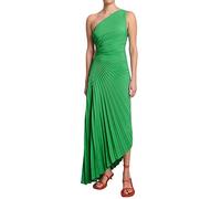 Mumuj Mädchen V Ausschnitt Umstandskleid Damskie Einfarbiges Damen-Kleid mit One-Shoulder-Ausschnitt und plissiertem, hohlem, schmalem, langem Kleid Women Festliches Sundress Damen Kurz (Green, S)
