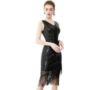 MUNAFIE 20er Jahre Kleid Glitzer Pailetten Fransen V-Ausschnitt Kleid für Damen 1920er Gatsby Charleston Flapper Party Kleider Kostüm Damen Schwarz-M