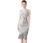 MUNAFIE 20er Jahre Kleid Glitzer Pailetten Fransen V-Ausschnitt Kleid für Damen 1920er Gatsby Charleston Flapper Party Kleider Kostüm Damen Silber-S