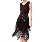 MUNAFIE 20er Jahre Kleid Pailettenkleider Fransenkleid V-Ausschnitt Glitzer Kleid für Damen 1920er Gatsby Charleston Flapper Party Kleider Kostüm Damen Rot-S