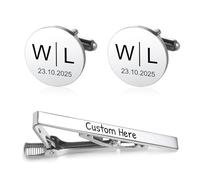 Munkimix Individuelles Manschettenknöpfen mit Initialen und Krawattenklammer-Set Wird mit Einer Geschnitzten Holzbox Geliefert Personalisierte Manschettenknöpfe Herren für Trauzeugen Ehemann Papa -A1