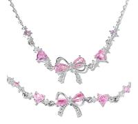 MUNSKT 2-teiliges Armband und Halskette mit silberfarbener Schleife, rosa Zirkonia, verstellbar, elegant, ideal für Partys und Geschenke, für Mädchen und Frauen, Edelstahl