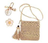 MUNSKT Strohtasche für Frauen mit Quaste & Muschel Schlüsselanhänger & Kirschblüten-Brosche, gewebte handgefertigte böhmische Umhängetasche mit Reißverschluss für Sommer Strand Reisen