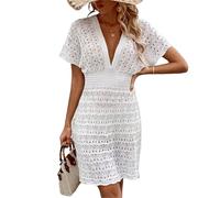 MUNSKT Weißes Bikini Cover Up Strandkleid Modisches Ausgeschnittenes Häkelkleid V-Ausschnitt Sommer-Strandmode, weiß, S