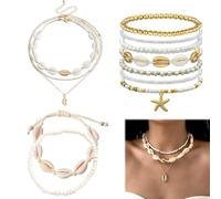 Muschelkette Damen Set - Boho Schmuck Set mit 3 Halsketten, 7 Armbändern, 2 Fußketten - Sommer Accessoires - Weiß/Bunt - 12-teilig