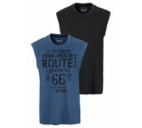 Muscleshirt MAN'S WORLD, Herren, Gr. 5XL (72/74), schwarz (blau, schwarz), Single Jersey, Obermaterial: 100% Baumwolle, bedruckt, Basic, regular fit, Rundhals, Shirts, ärmellos, bedruckt, Rundhalsauss