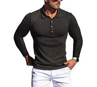 Muskel-Poloshirt für Herren, schmale Passform, strukturiertes Strick-Poloshirt, kurzärmelig, Button-Down-Shirt, lässig, stilvoll, Schwarz, Klein