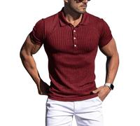 Muskel-Poloshirt für Herren, schmale Passform, strukturiertes Strick-Poloshirt, kurzärmelig, Button-Down-Shirt, lässig, stilvoll, Weinrot, L