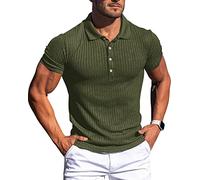 Muskel-Poloshirt für Herren, schmale Passform, strukturiertes Strick-Poloshirt, kurzärmelig, Button-Down-Shirt, lässig, stilvoll, Grün (Army Green), L