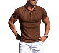 Muskel-Poloshirt für Herren, schmale Passform, strukturiertes Strick-Poloshirt, kurzärmelig, Button-Down-Shirt, lässig, stilvoll, Kaffee, Mittel