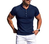 Muskel-Poloshirt für Herren, schmale Passform, strukturiertes Strick-Poloshirt, kurzärmelig, Button-Down-Shirt, lässig, stilvoll, Marineblau, Mittel
